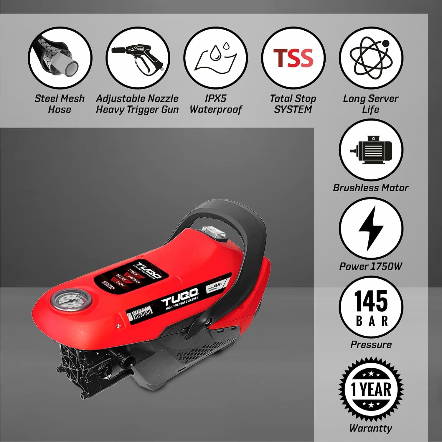 TUQO High Pressure Washer HW2020 | 145 Bar | 1750W thumbnail 2