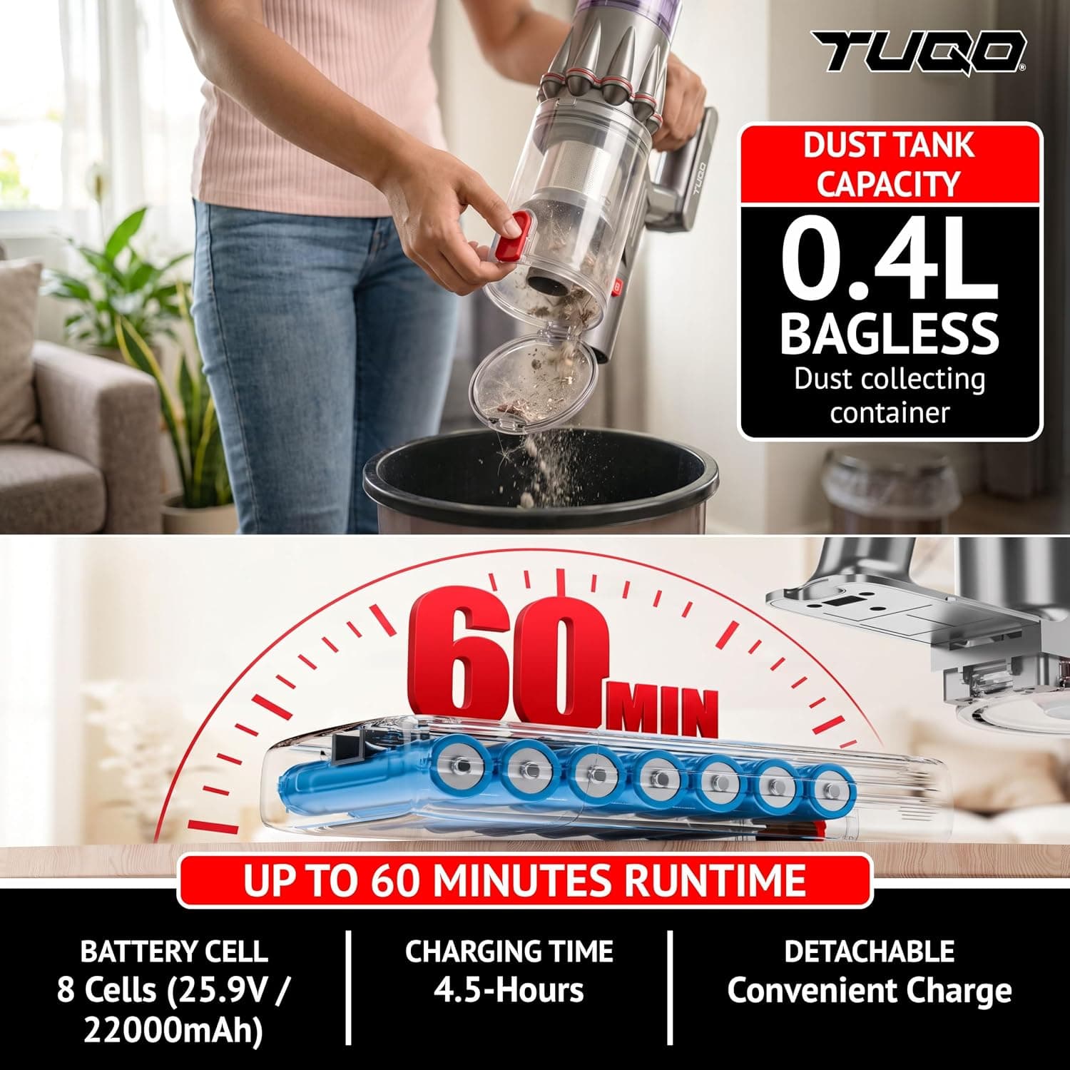 TUQO Cordless Vacuum Cleaner ASB900 | 35Kpa | 700W thumbnail 7